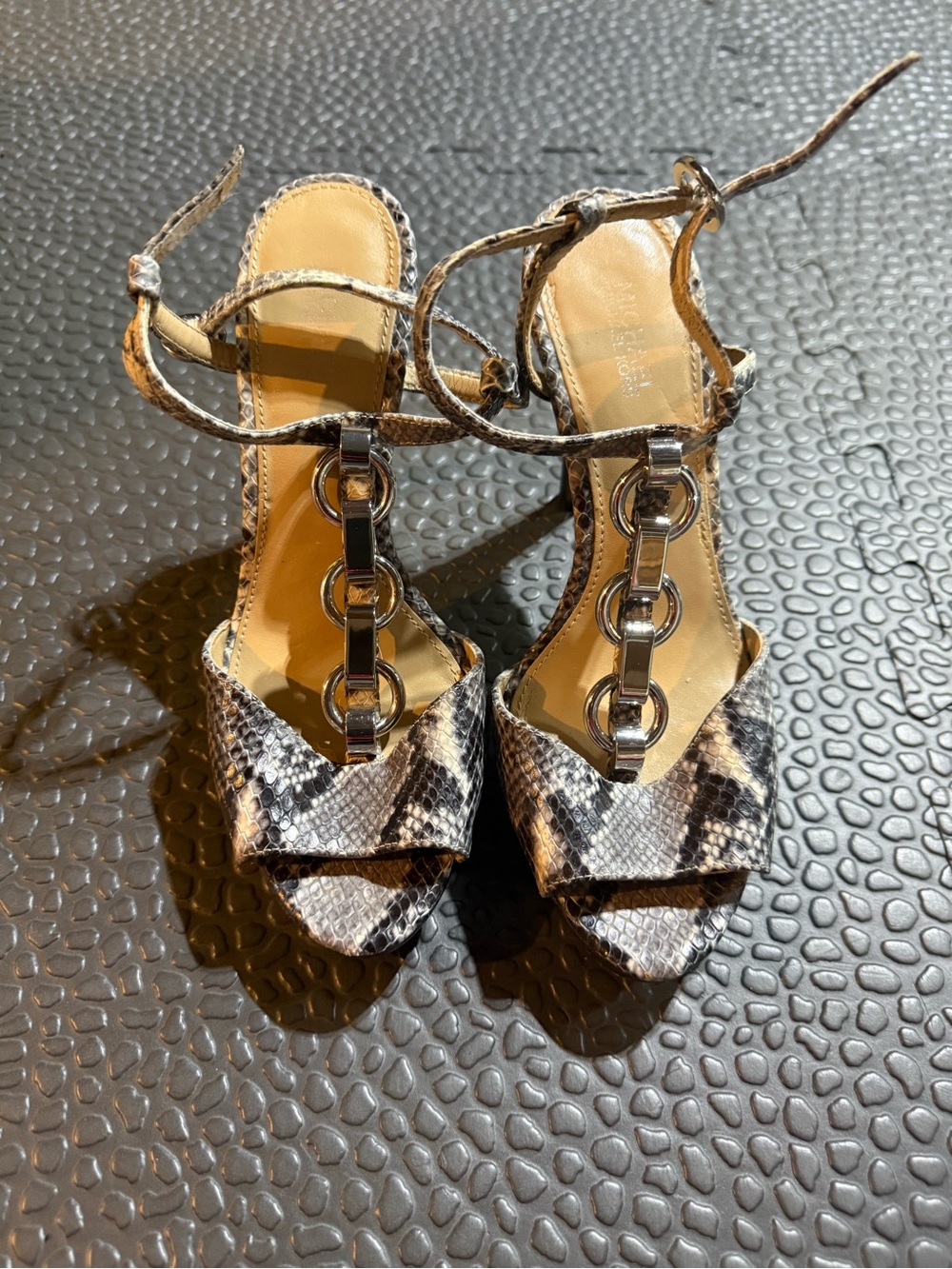 Snake-Print Ankle-Tie Heeled Sandals in Black and White